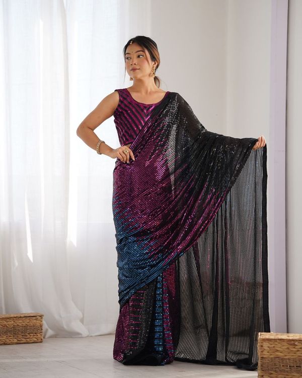 Black Designer Sequance Embroidery Work Georgette Saree