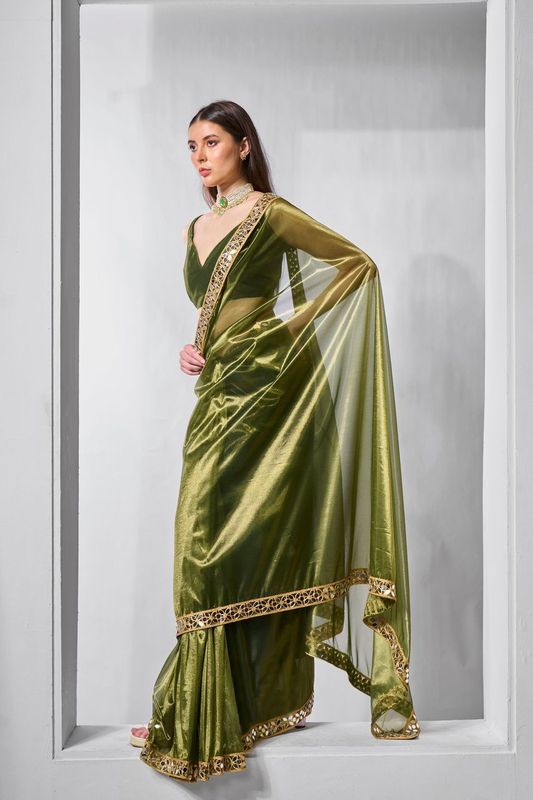 Green Solid & Gold Cotted Gold Tissue Net Saree