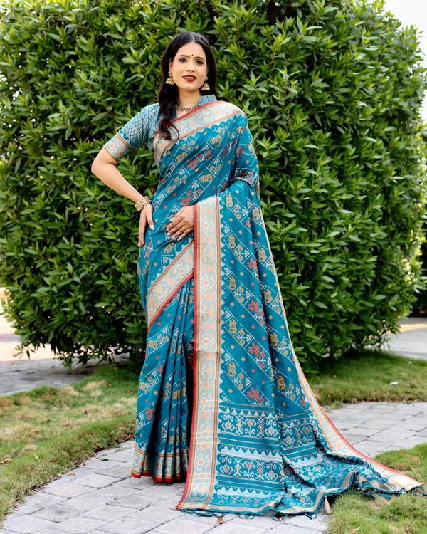 Blue Wevon Ikkat Patola Designer Handloom Silk Saree