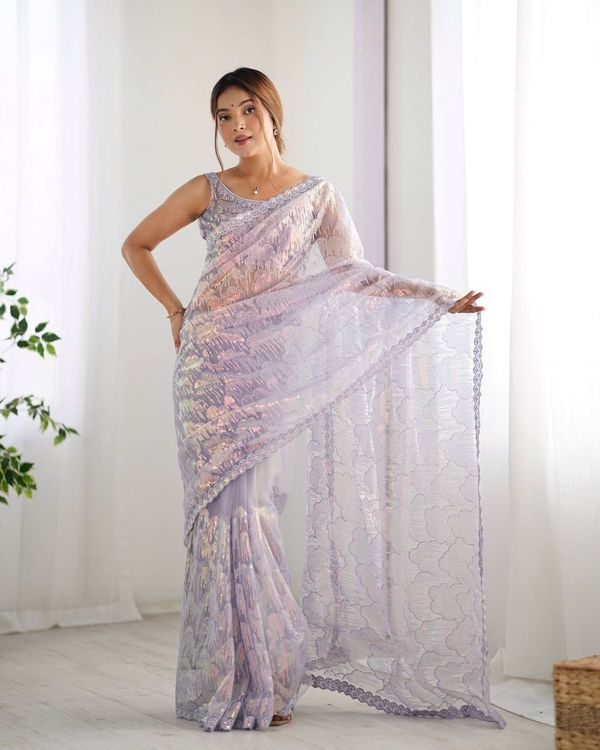 Lavender Heavy Sequance Embroidery Work Mono Net Saree