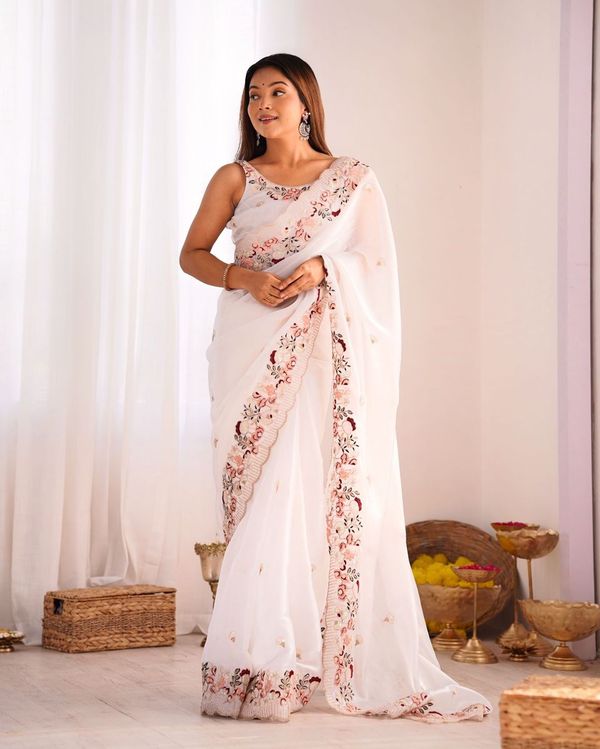 White Heavy Thread & Sequance Embroidery Work Jimmy Choo Saree