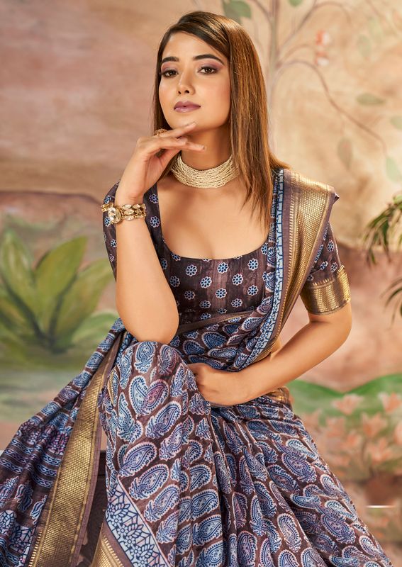 Purple Brown Wevon Border Designer With Printed Dolla Silk Saree