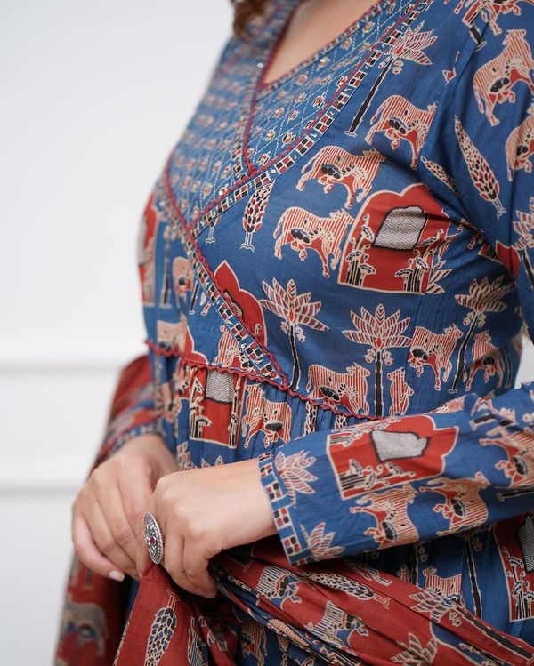 Blue Cotton A-Line Kurta, Anarkali Kurta