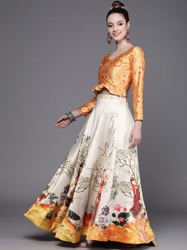 Ethnic Motifs Digital Print Shiney Satin Croptop Lehenga Choli With Blouse For Women and Girls