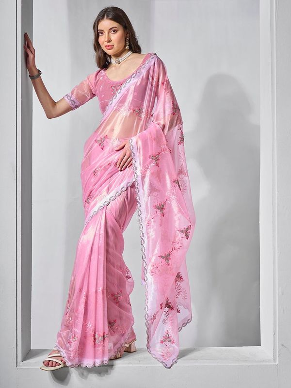 Pink Color Gold Tissue Net Fabric Designer Embroidery Work Ceremonial Partywear Saree
