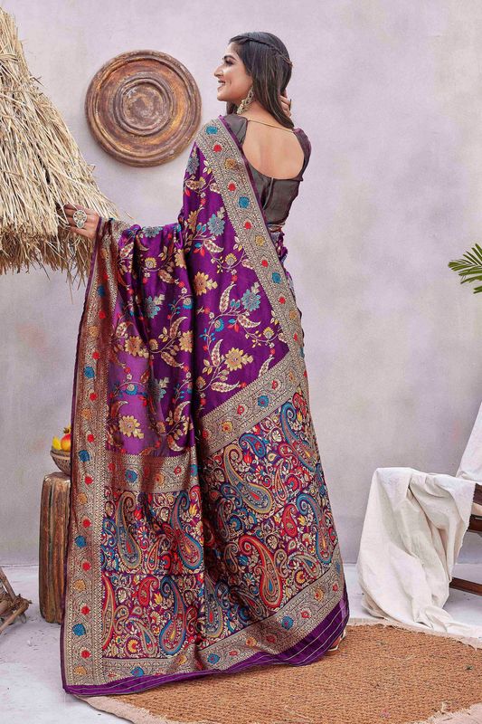 Purple Color Ethnic Pashmina Fabric Graceful Festive Saree With Wevon Jacquard Designer