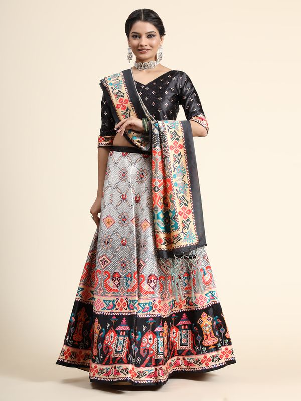 Digital Print Satin Silk Fabric Stitched Lehenga Choli With Jequared Blouse and Assami Silk Thread Work Dupatta For Women and Girls In Festive Party And Traditional Wear