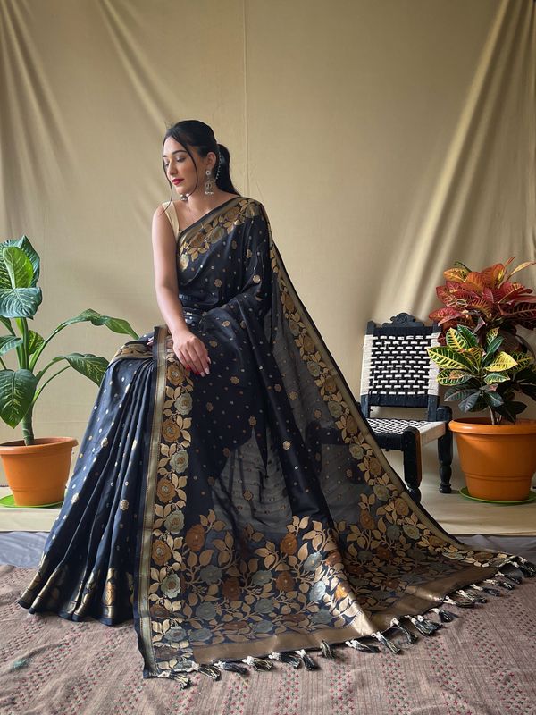 Black Weaving Jacquard Jari Designer Soft Silk Saree
