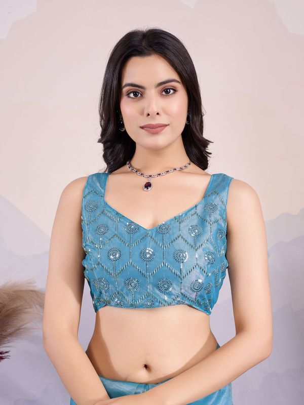 Blue Twill Net Designer Sequins Embroidery Work Glamorous Partywear Saree