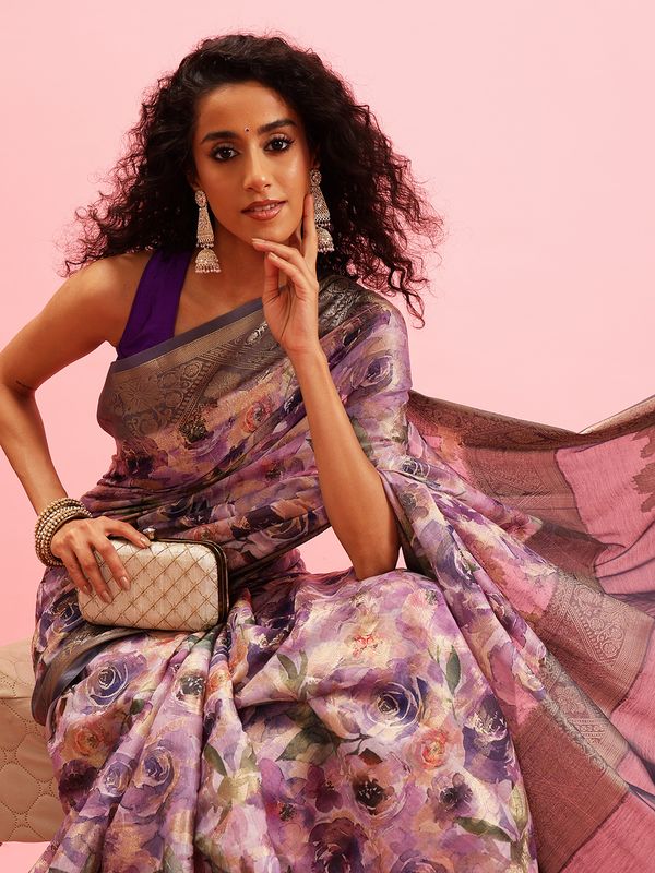 Lavender Digital Printed Banarasi Cotton Zari Woven Saree