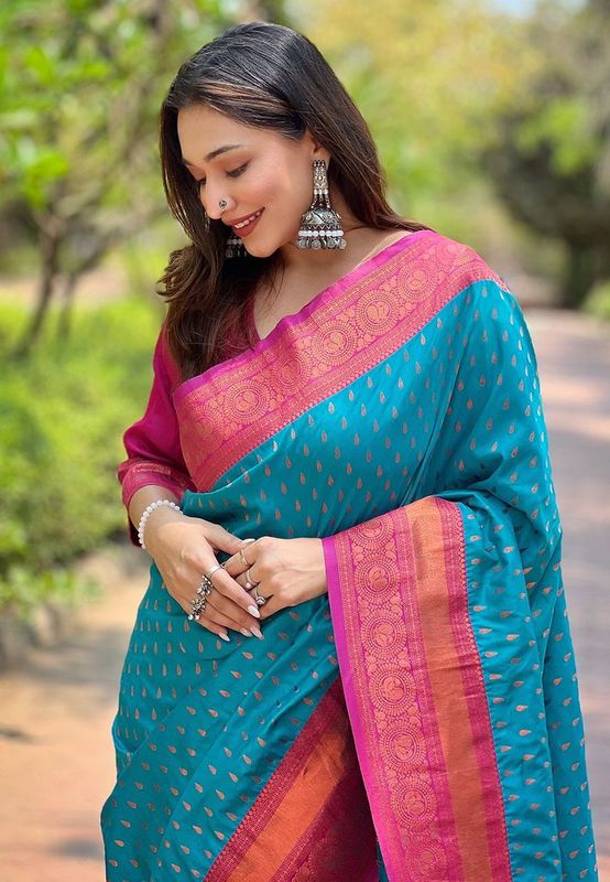 Blue Wevon Copper Butti Designer Soft Silk Saree
