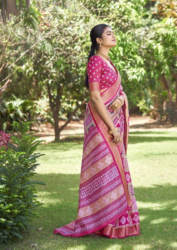 Pink Wevon Border Designer With Printed Kalamkari Silk Saree