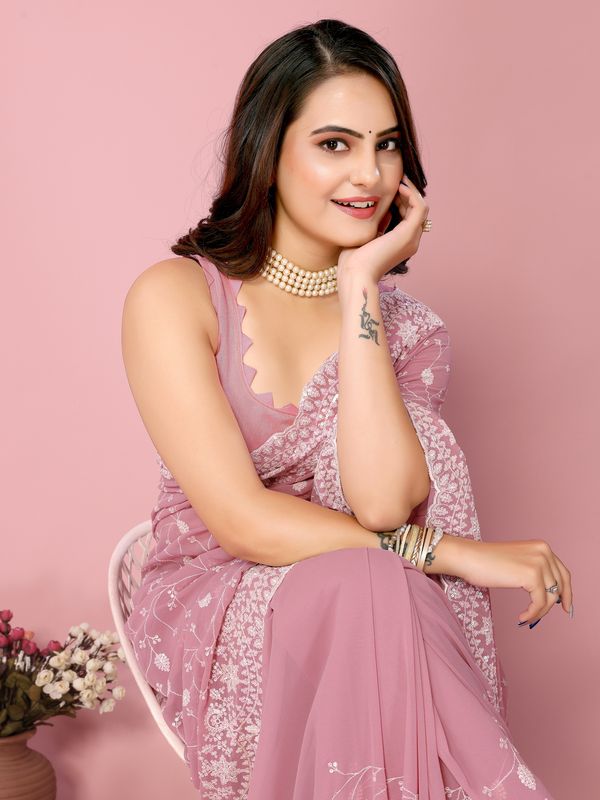 Pink Thread & Sequance Embroidery Work Georgette Saree