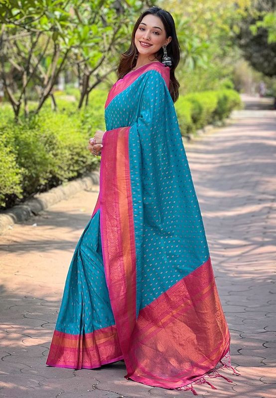 Blue Wevon Copper Butti Designer Soft Silk Saree