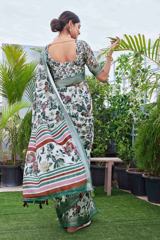 Off White Digital Printed Designer Linen Blend Saree