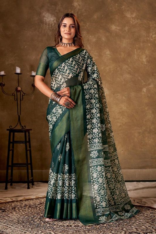 Dark Green Cotton Printed Saree and Stitched Dark Green Blouse