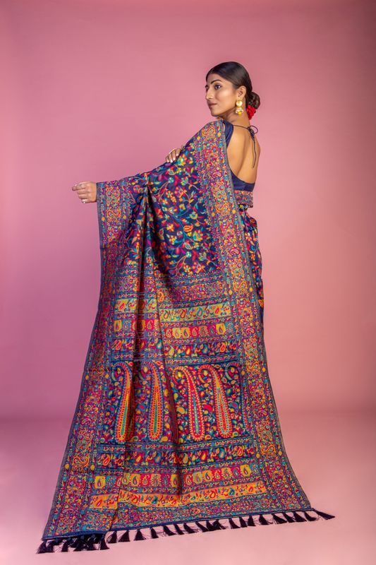 Blue Handloom Wevon Designer Kashmiri Pashmina Saree