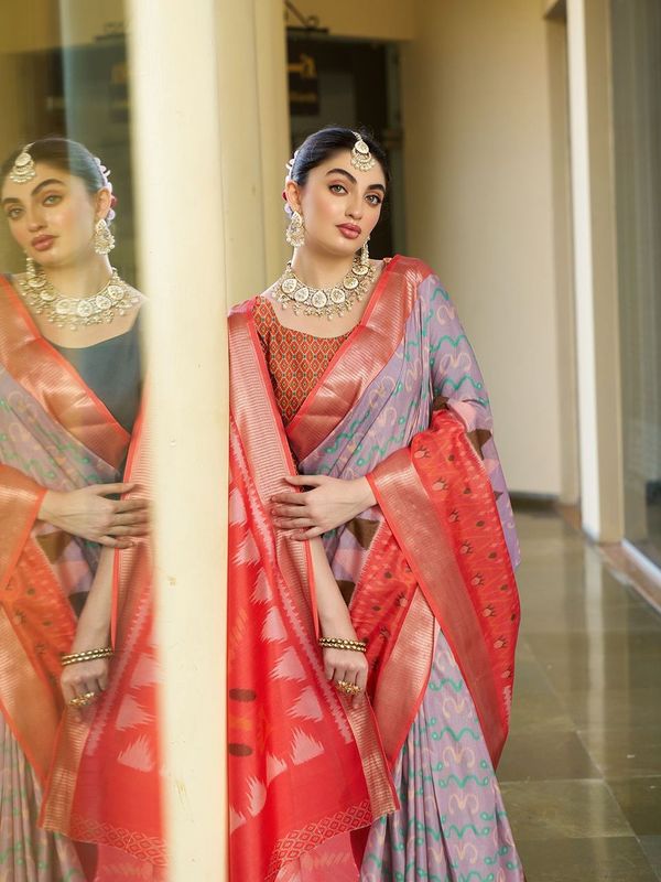 Purple Wevon Patta Designer & Digitl Printed Crepe Saree