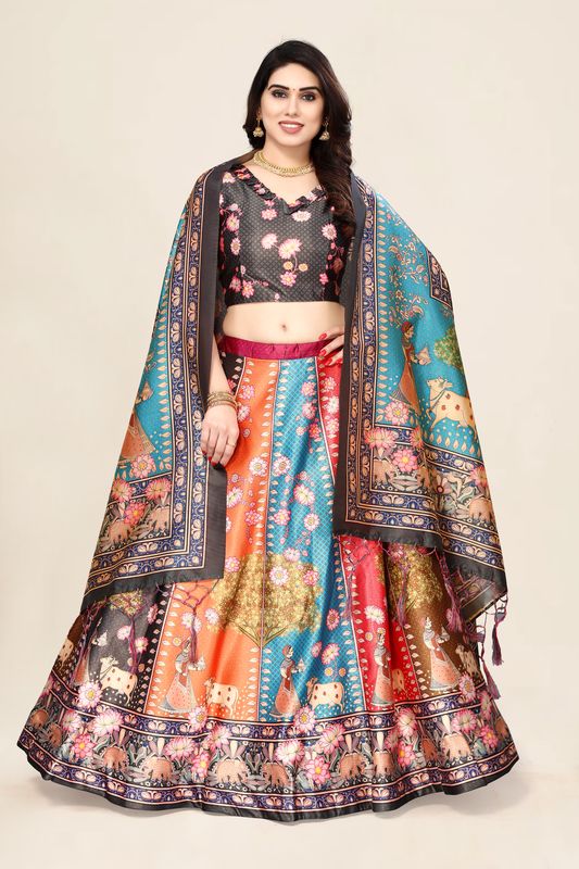 Digital Print Satin Silk Fabric Stitched Lehenga Choli With Jequared Blouse and Assami Silk Thread Work Dupatta For Women and Girls In Festive Party And Traditional Wear