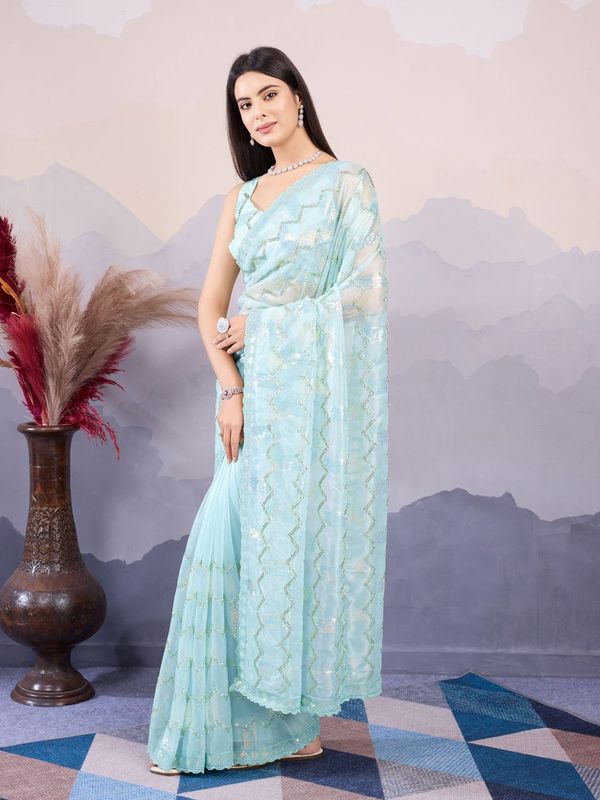 Sea Green Designer Sequance Embroidery Work Twill Net Saree