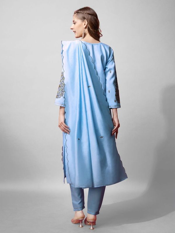 Sky Blue Color Cotton Blend Readymade Dress With Designer Embroidery Work