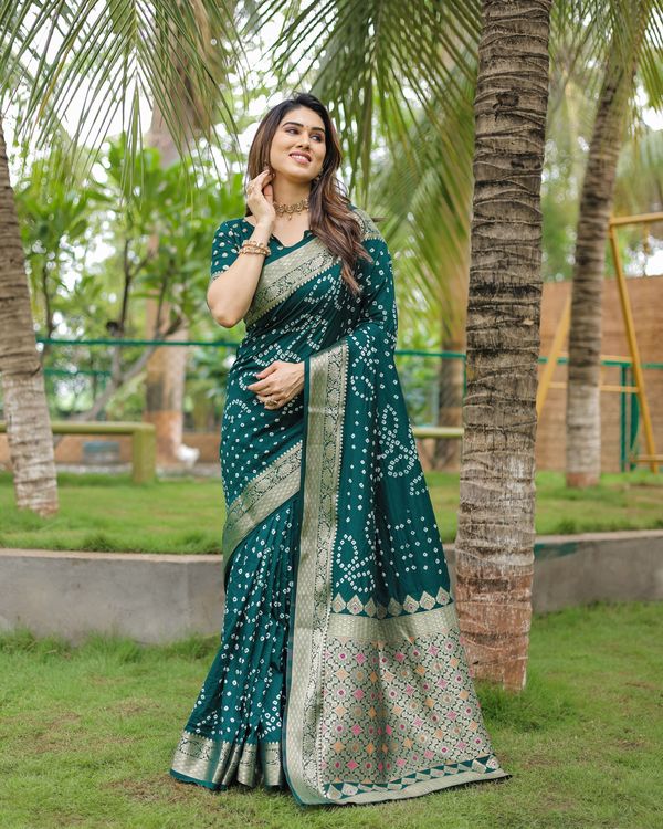 Green Wevon Designer & Hand Bandhej Dola Silk Saree