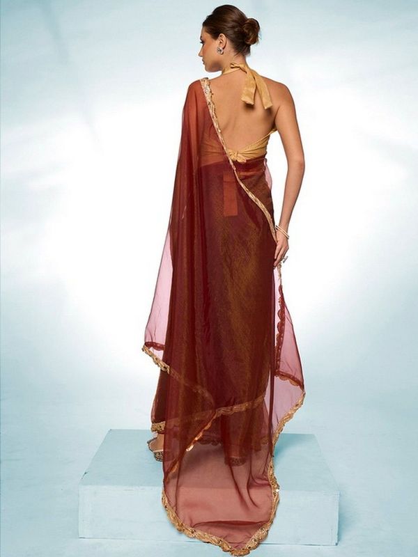 Glamorous Brown Color Tissue Fabric Trendy Designer Bollywood Saree