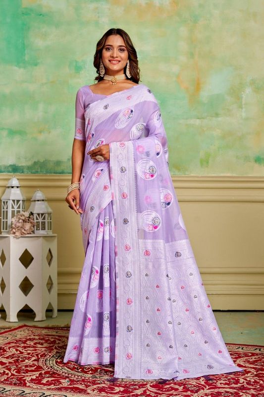 Lavender Cotton Woven Saree With Tassels on Pallu and Stitched Lavender Blouse