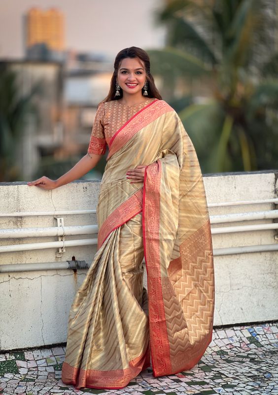 Grey Wevon Laheriya Designer Jari Tissue Saree