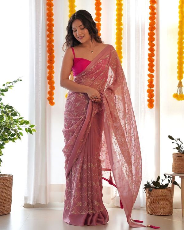 Onion Thread & Sequance Embroidery Work Satin Georgette Saree