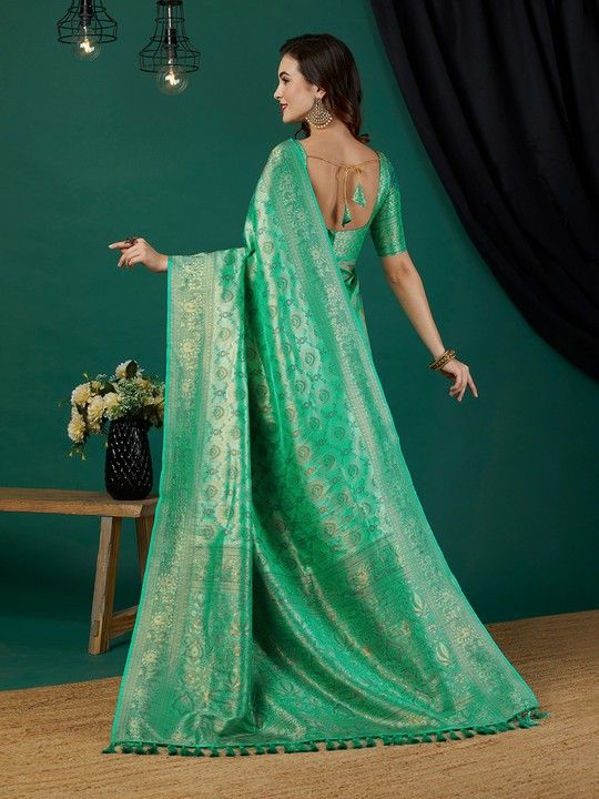 Aqua Kanjeevaram Woven Saree With Tassels on Pallu and Stitched Aqua Blouse