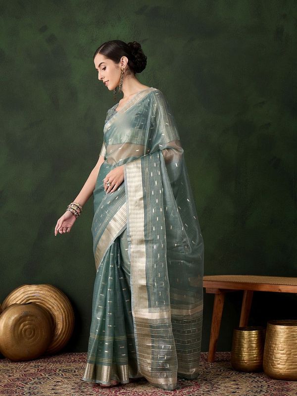 Green Wevon Jacquard Designer Khadi Organza Saree