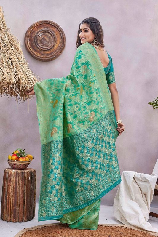 Rama Color Glamorous Wevon Jacquard Designer Silk Blend Wedding Season Saree