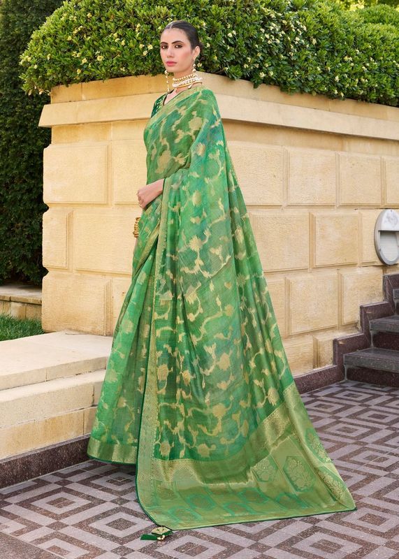 Green Wevon Designer & Embroidery Work Jacquard Silk Saree
