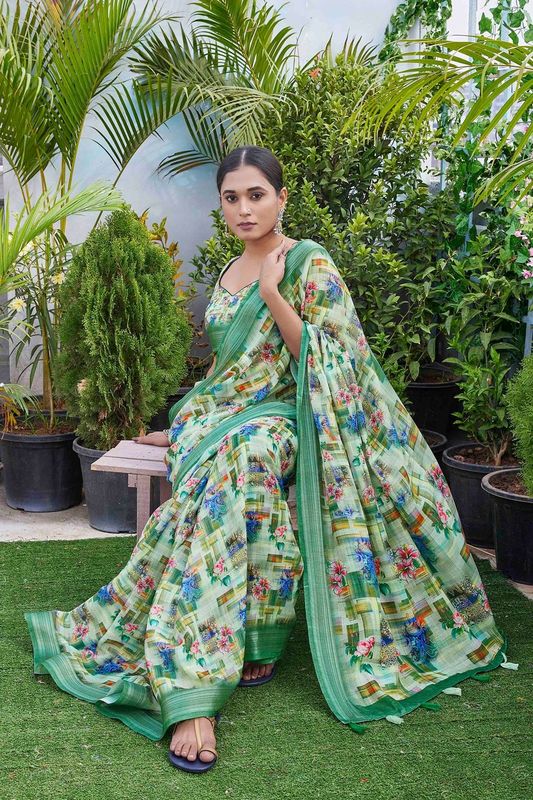 Sea Green Color Linen Blend Smart Ethnic Saree With Trendy Digital Print Work