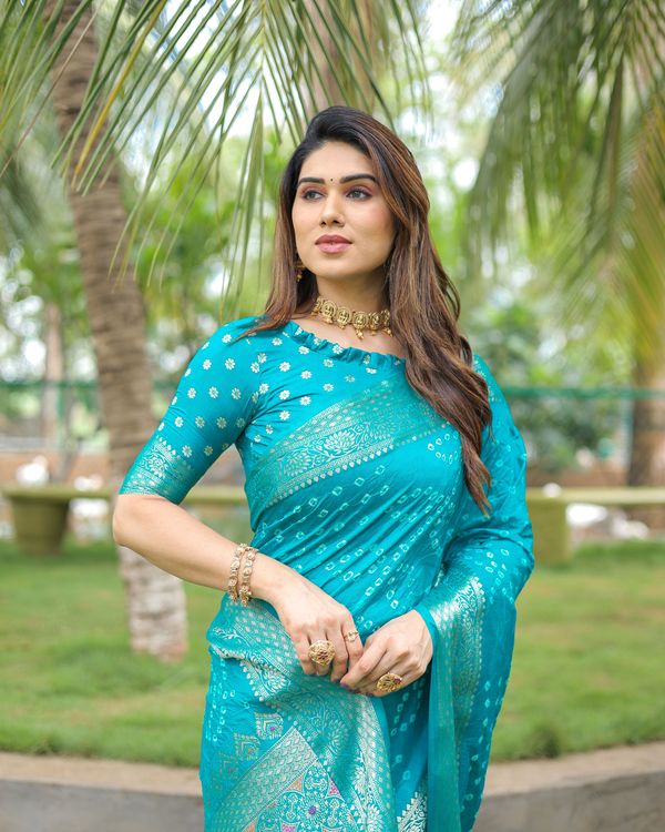Firozi Wevon Designer & Hand Bandhej Dola Silk Saree
