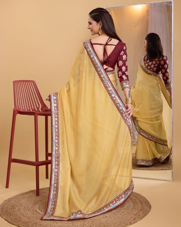 Yellow Heavy Embroidery Work Lace & Blouse Organza Saree
