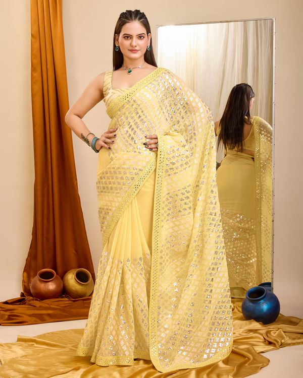 Yellow Designer Sequance Embroidery Work Georgette Saree