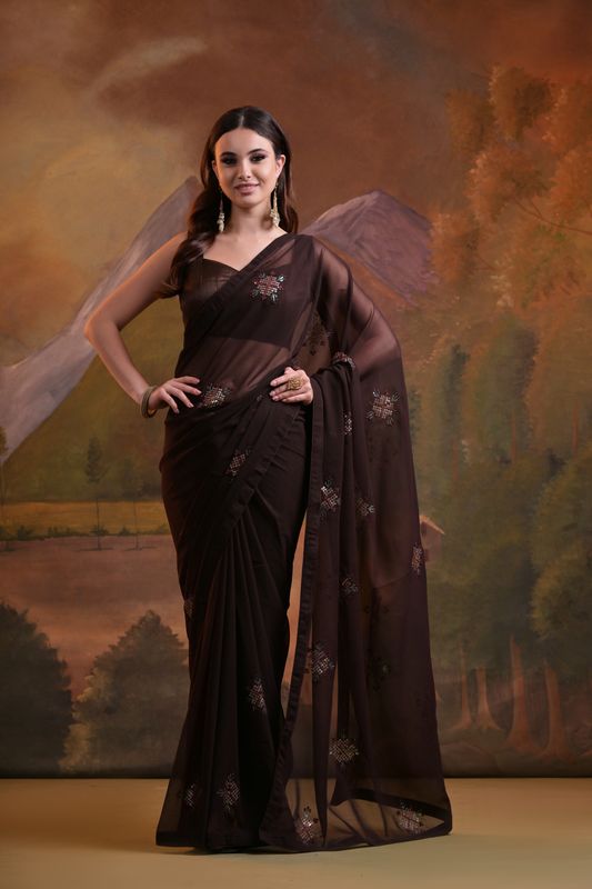 Coffee Designer Sequance Embroidery Work Georgette Saree