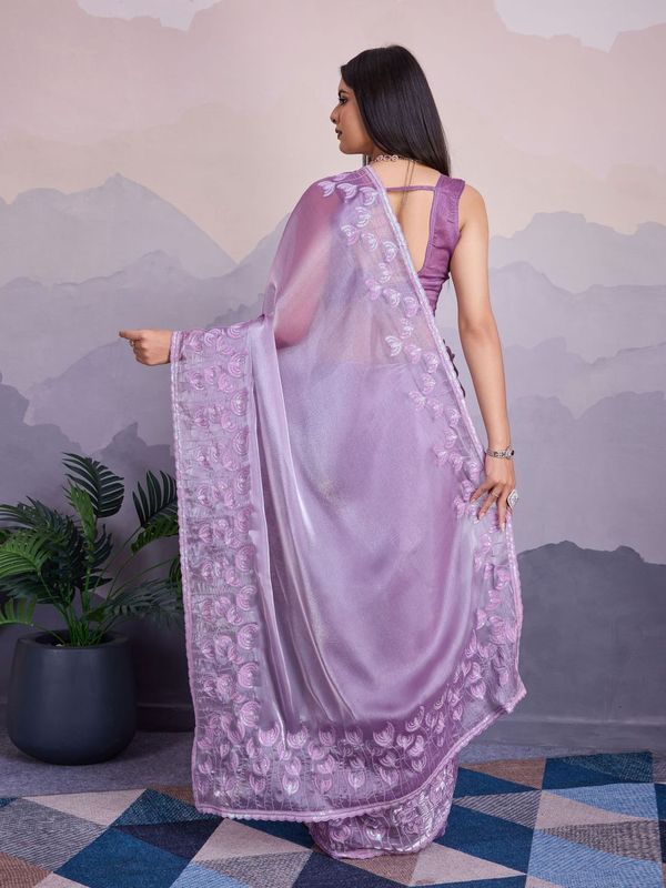 Lavender Thread & Sequance Embroidery Work Jimmi Silk Saree