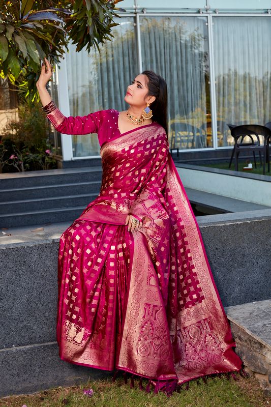 Burgundy Heavy Jacquard Weving Designer Satin Silk Saree