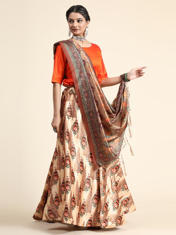 Digital Print Satin Silk Fabric Stitched Lehenga Choli With Jequared Blouse and Assami Silk Thread Work Dupatta For Women and Girls In Festive Party And Traditional Wear