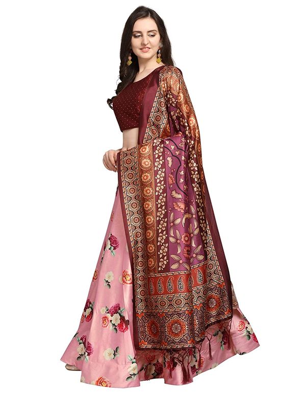 Bandhni Patola Type Digital Print Shiney Satin Croptop Lehenga Choli With Blouse For Women and Girls