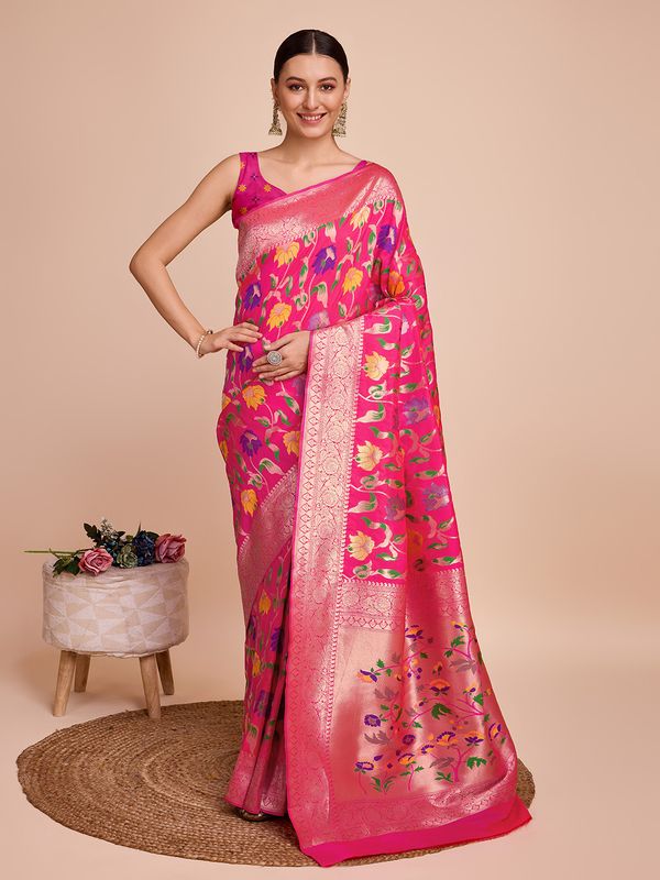 Pink Weaving Meenakari Designer Paithani Silk Saree