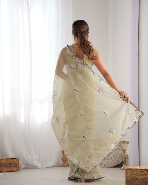 Pista Multy Thread & Sequance Embroidery Work Gold Twill Net Saree
