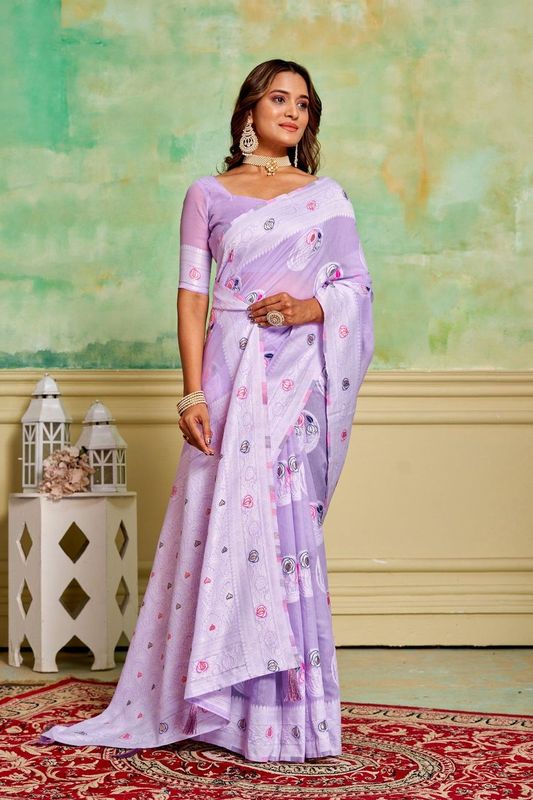 Lavender Cotton Woven Saree With Tassels on Pallu and Stitched Lavender Blouse