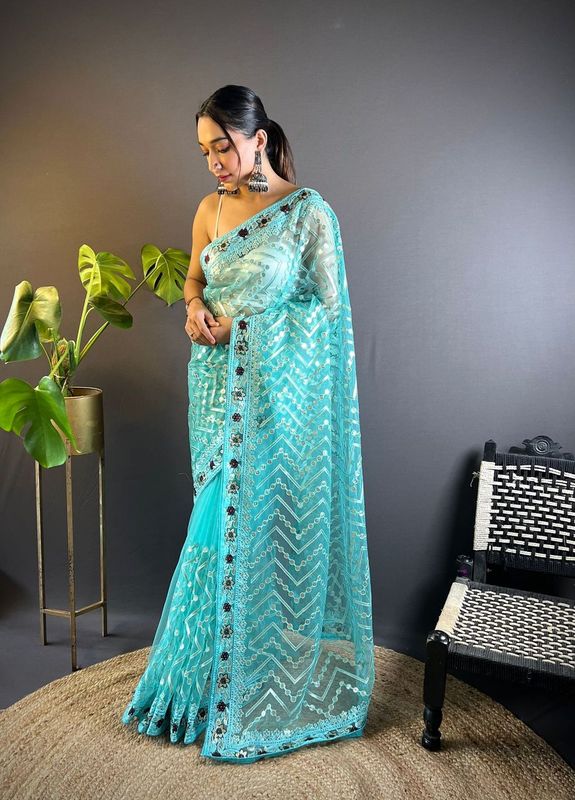 Blue Foil Thread Embroidery & Stone Work Butterfly Net Saree