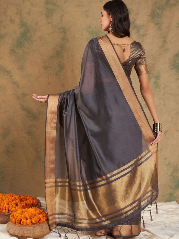 Nevy Blue Wevon Jari Designer Cotton Organza Saree