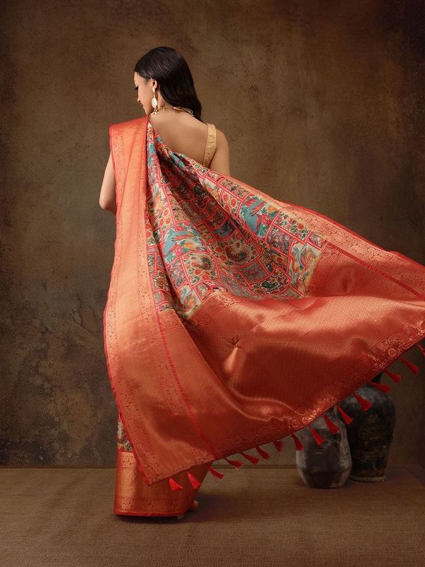 Blue Kanjeevaram Pattu Zari Woven Border Digital Printed Saree