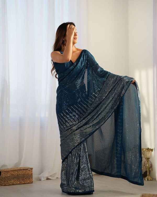 Petrol Designer Sequance Embroidery Work Georgette Saree